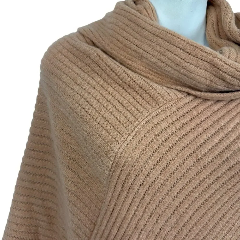 Chicos Ribbed Asymmetrical Fringe Cowl Neck Poncho Pullover Sweater sz O / S